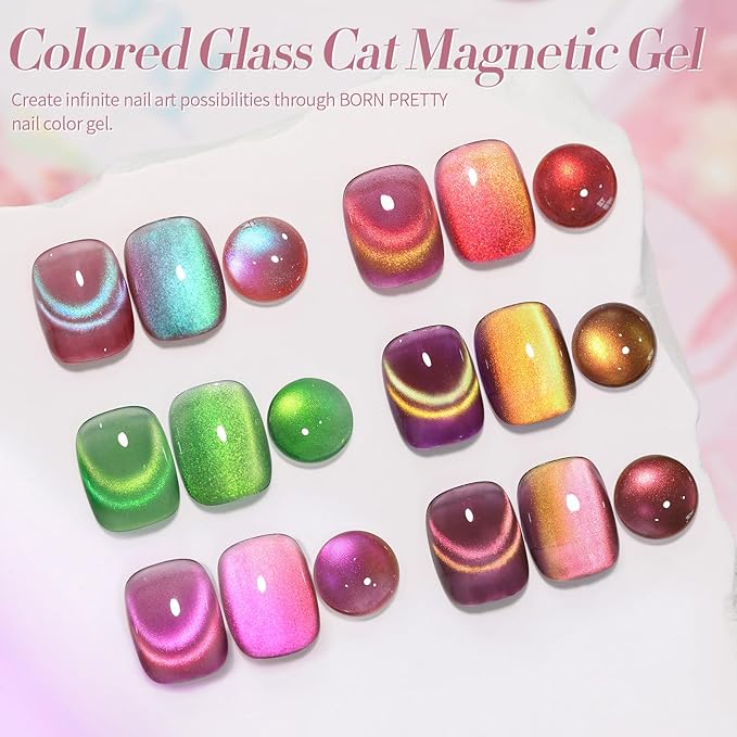 Born Pretty Cat Magnetic Eye Gel Nail Polish Rainbow Aurora Cat Magnetic Gel Polish Pink Green Blue Yellow Glitter Holographic Cat Magnetic Eye Gel Manicure Nail Art DIY, Firefly Aurora Series 6PCS-Velvo Beauty