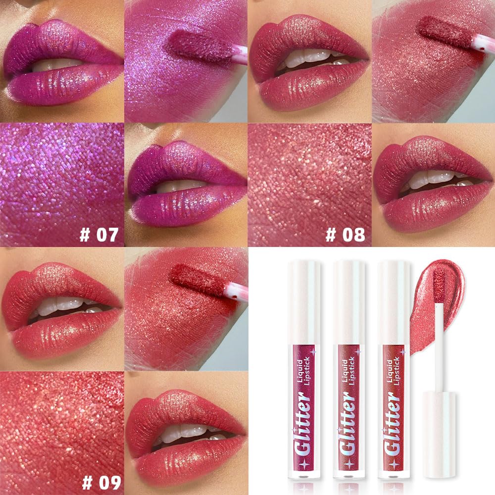 3Pcs Metallic Lipstick for Women,Lightweight Glitter Sparkling Liquid Lipsticks,Shimmer Lip Gloss Stain Long Lasting Waterproof Smudge Proof Non-Drying 24 Hour Full Coverage Lip Makeup,Vegan-Velvo Beauty