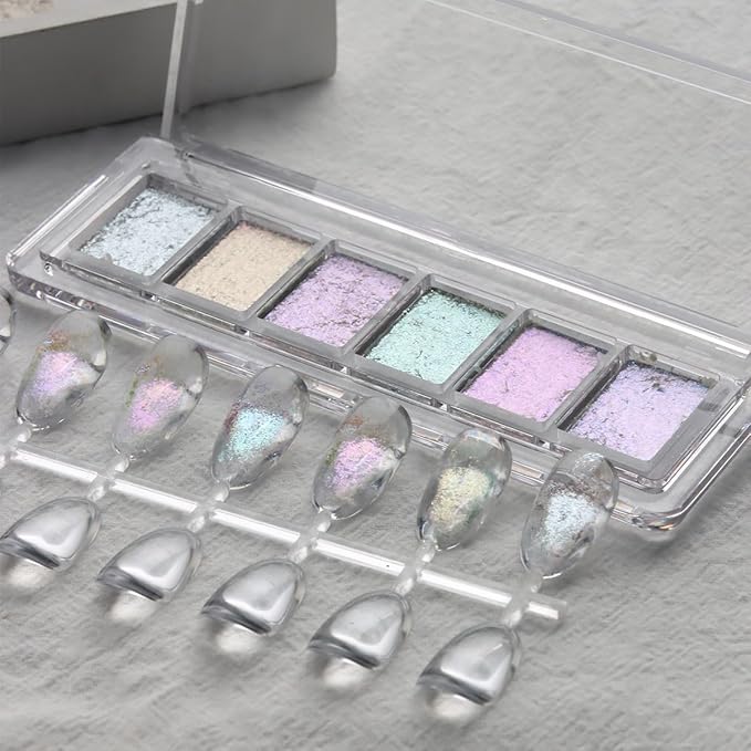 Iridescent Nail Glitter Set, 6 Colors Mud Texture Aurora Chrome Powder, Pink Blue Pearlescent Glitter, Chameleon Nail Flakes Gold Leaf, Holographic Manicure Decor-Velvo Beauty