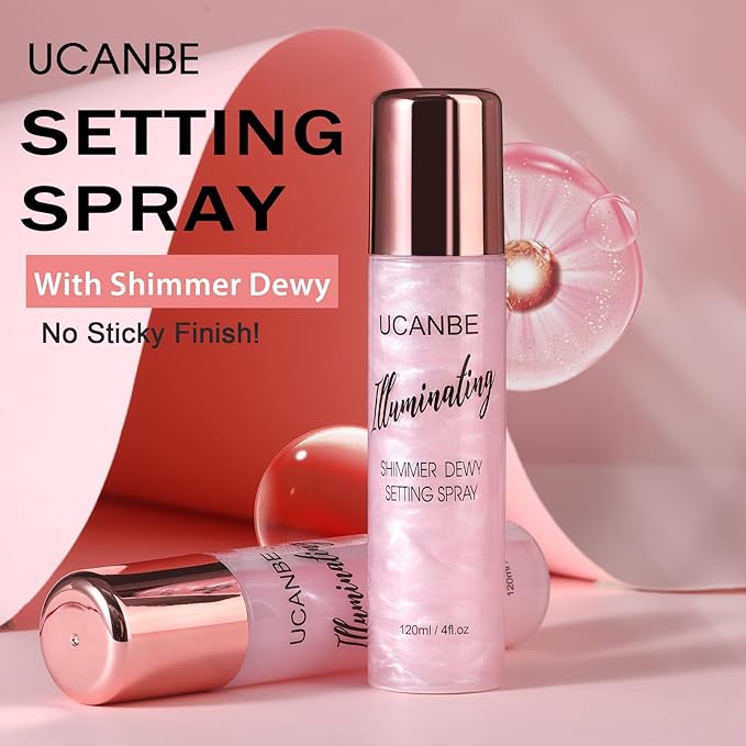 UCANBE Shimmer Dewy Setting Spray – Glowing + Makeup Setting Spray 2 in 1 Lightweight Formula for a Radiant Glow,Long-Lasting Face Mist for Face Body, 4 Fl Oz #Platinum-Velvo Beauty