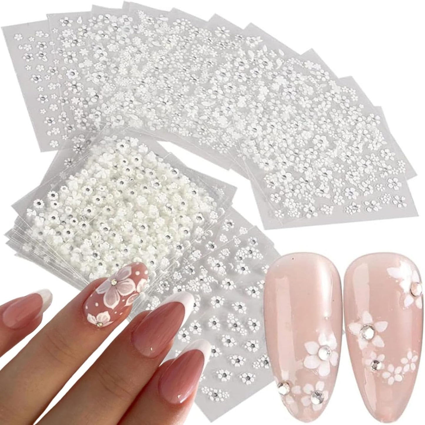 30 Sheets White Flower Nail Art Stickers, 3D Self Adhesive White Flower Nail Sticker Design Holographic Small Floral with Rhinestones Nail Art Decals Nail Supplies for Women Girls Manicure Decoration-Velvo Beauty