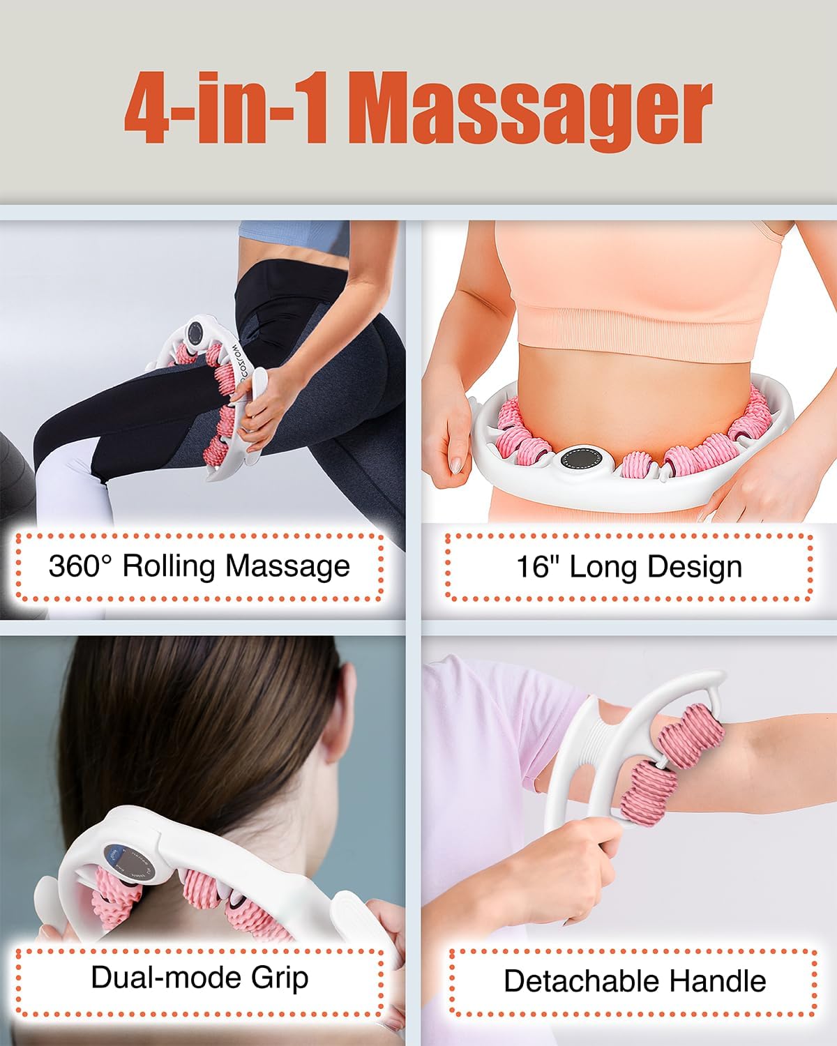 Cellulite Massage Roller - Anti-Cellulite Massager with Detachable Roller Handles for Thighs, Legs & Buttocks - Fascia Massage Tool for Lymphatic Drainage & Deep Tissue Therapy (Pink)-Velvo Beauty