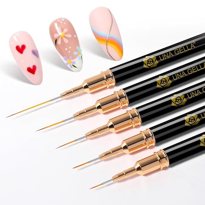 UNA GELLA Metallic Nail Art Brushes, Liner Pens Set 5Pcs Black Color For Nail Art Gel Polish - Thin Detail Nail Art Design Painting Brush Set For Nails Gel Fine Drawing Nail Tools Sizes 7/9/11/15/25mm-Velvo Beauty