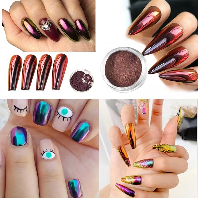 8Pcs Chameleon Chrome Nail Powder,Chrome Powder for Gel Nails Nail Chrome Powder Mirror Effect Holographic Aurora Iridescent Pearlescent Manicure(8 colors)-Velvo Beauty