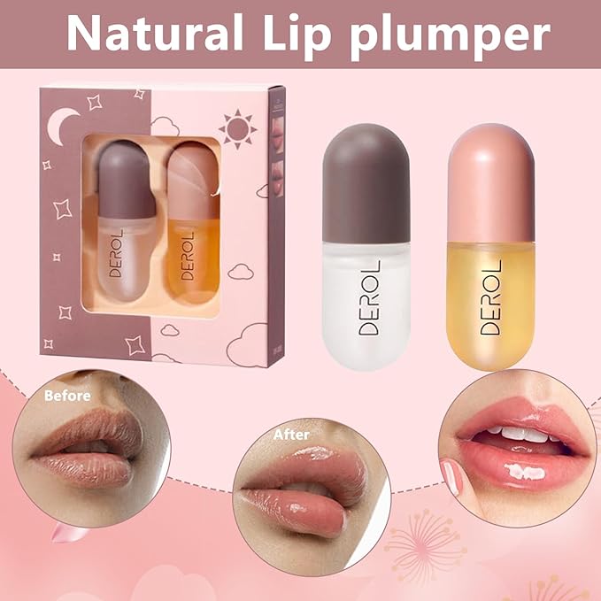 DEROL 2Pcs Natural Lip Plumper, Plant Extracts Plumping Lip Serum, Lip Enhancer Including Day and Night Lip Plumping Balm, Lip Care Serum for Fuller & Hydrated Sexy Lip (5.5MLX2)-Velvo Beauty