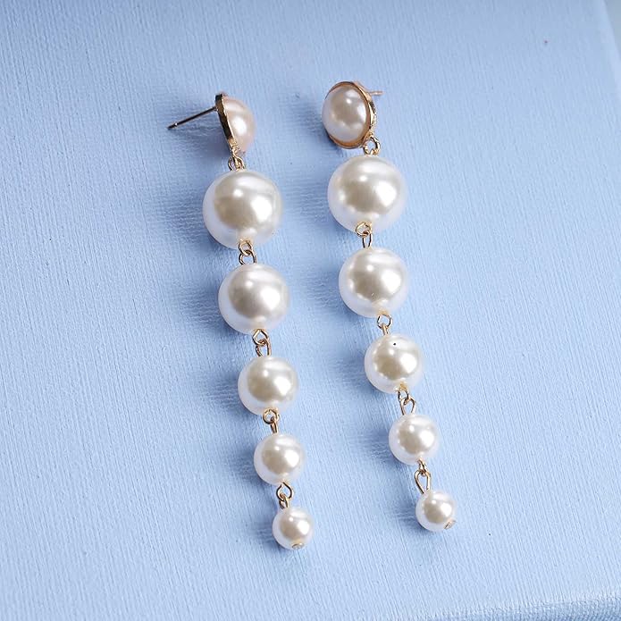 Boho Pearl Drop Dangle Earrings Big Pearl Tassel Earrings Gold Long Drop Earrings Elegant Vintage Earrings Jewelry for Women-Velvo Beauty