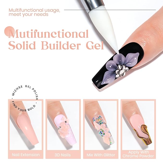 MIZHSE Solid Nail Builder Gel, 2.1 oz 60g Nude Builder Gels for Nails Non-Sticky Solid Builder Gel for Extensions Hard Gels with 24pcs Dual Forms and Silicone Pen Nails Art Manicure Set-Velvo Beauty