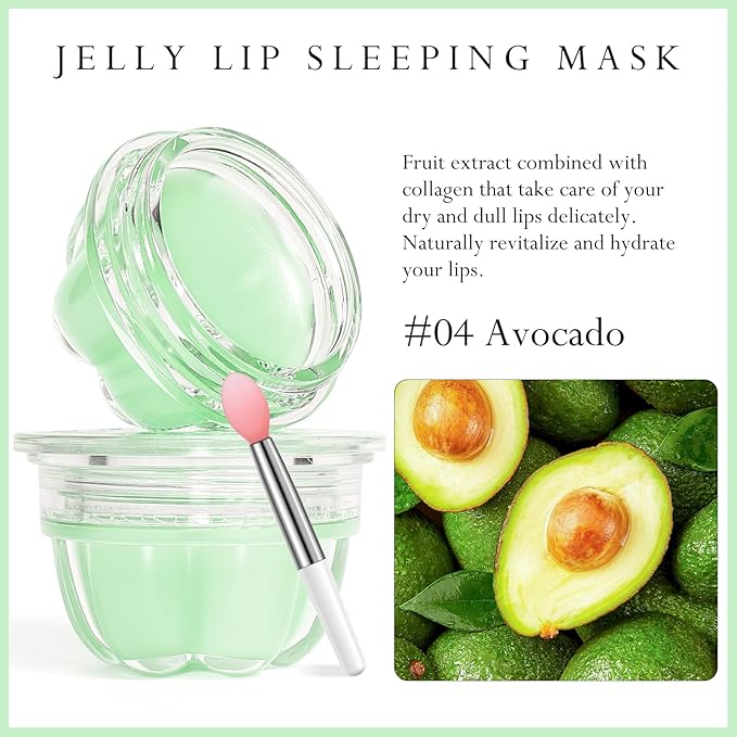 2Pc Jelly Lip Mask Overnight,Fruity Avocado Lip Sleeping Mask Day Night Repair Kawaii Lip Balm Hydrate Plump Dry Lip Scrubs Exfoliator,Lip Care Lip Moisturizer with Collagen-Avocado-Velvo Beauty