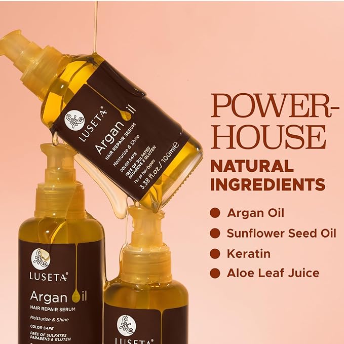 L LUSETA Argan Oil Hair Serum, 100% Pure Argan Oil for Frizzy Control Dry Damage , Repair, Shine Smoothing Strengthening & Nourishing, 3.38 Fluid Ounces-Velvo Beauty