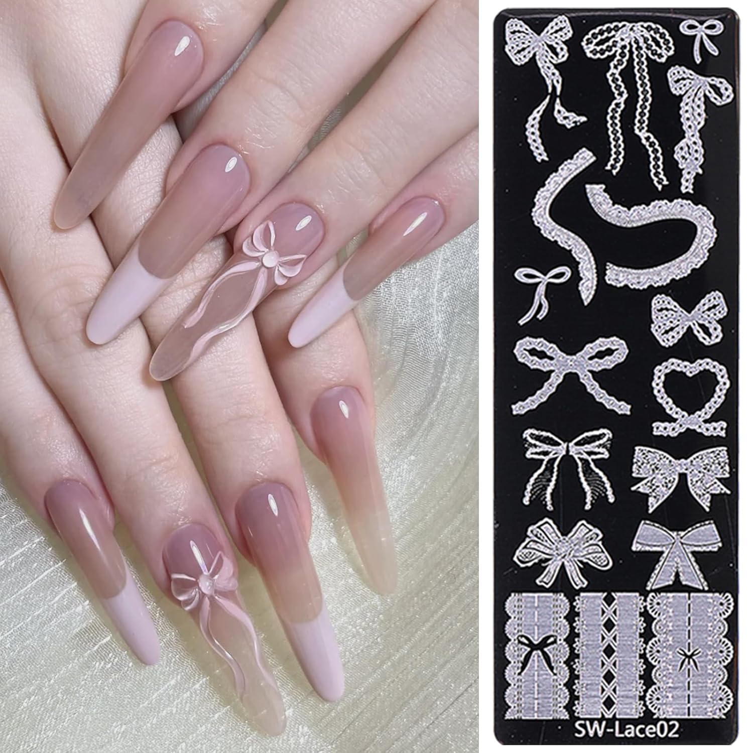 Lace Nail Stamping Plate Set - French Tip Stamp Silicone Nail Stamper Kit Bow Lace Design with Nail Stamp Plates Laser Storage Bag Nail Art Stencil Nail Supplies for Home DIY &Professional Salon-Velvo Beauty