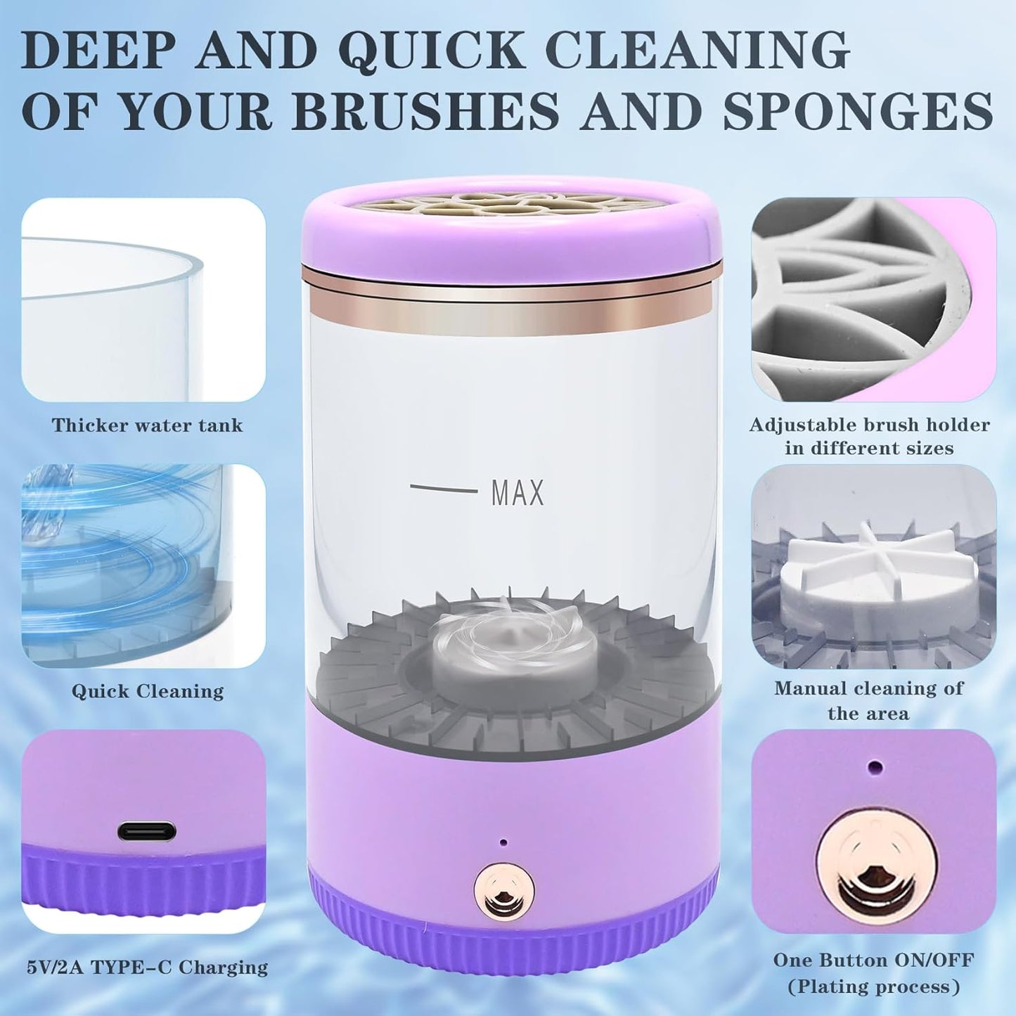 Makeup Brush Cleaner,Low noise and 8000 RPM Electric Makeup Brush Cleaner Machine for Deep Cleaning,Automatic Spinning Cosmetic Brush Cleaner for All Size Makeup Brushes and Sponges(purple)-Velvo Beauty