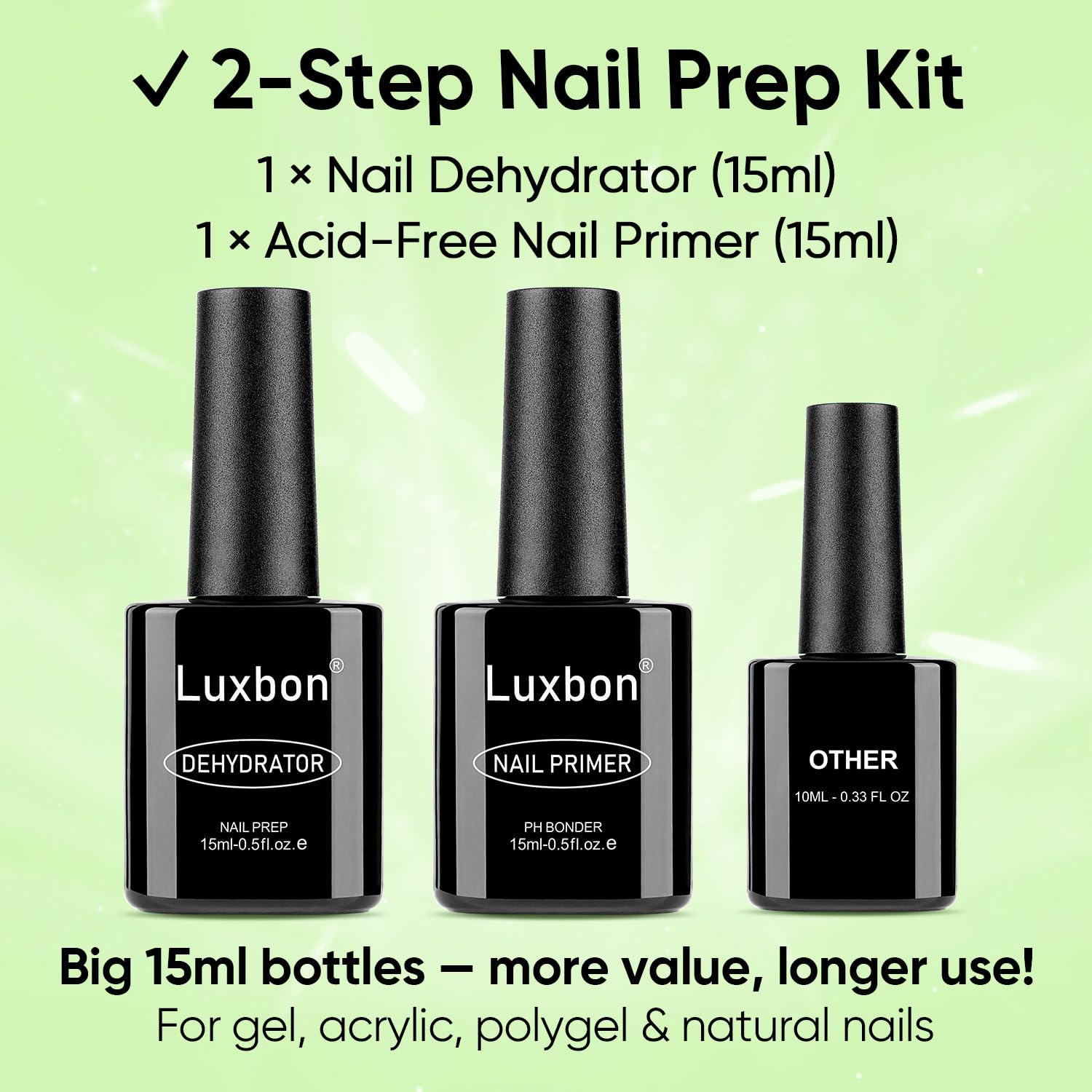 Luxbon 4 Pcs 15ml No Wipe Gel Top Coat and Base Coat Nail Primer Dehydrator Set - Long Lasting, Shine Finish, UV LED Nail Lamp Soak Off Gel Base Top Coat Manicure-Velvo Beauty