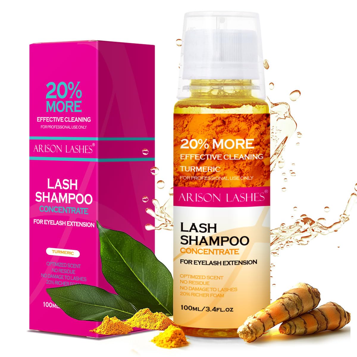ARISON LASHES Lash Shampoo Concentrate for Lash Extensions 100ML Eyelash Cleanser Concentrate Oil-Free Eyelash Extension Shampoo with Salon Home Care(Turmeric)-Velvo Beauty