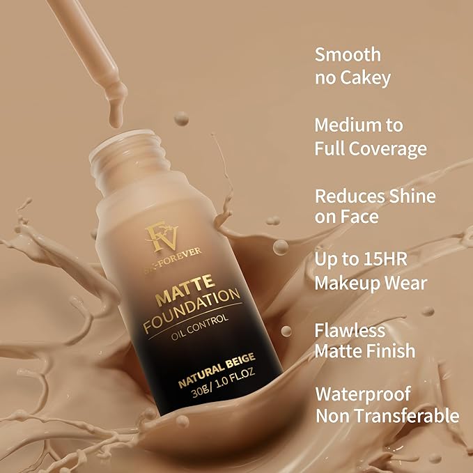 FV Full Coverage Liquid Foundation Makeup, Long Lasting Matte Foundation with Flawless Finish, Concealing & Minimizing Pores, Oil Control Waterproof for Oily Combination Skin, 1 Fl. Oz (Natural Beige)-Velvo Beauty