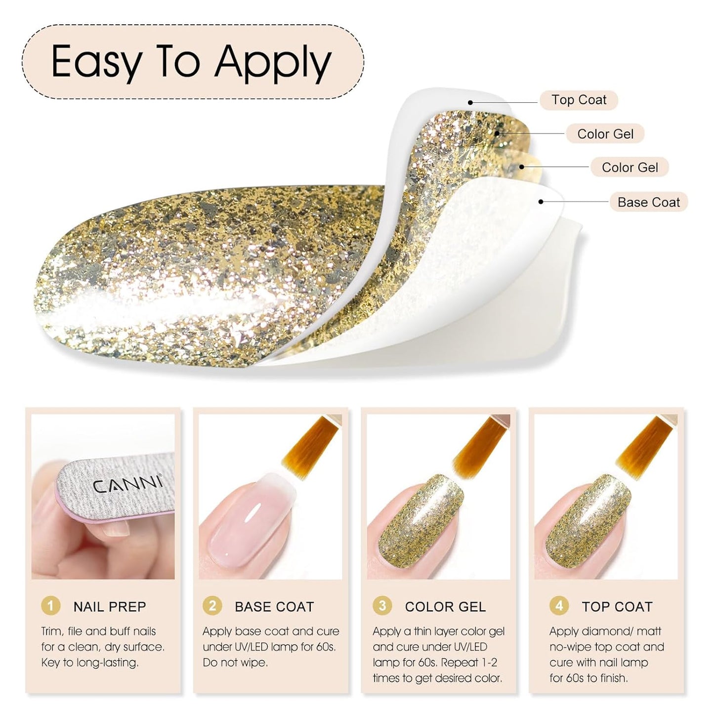 CANNI Gold Glitter Gel Polish – 9ML Chunky Sparkly Soak-Off UV/LED Nail Gel, Golden Flakes Finish for DIY Manicure, French Tips, or Salon Use-Velvo Beauty