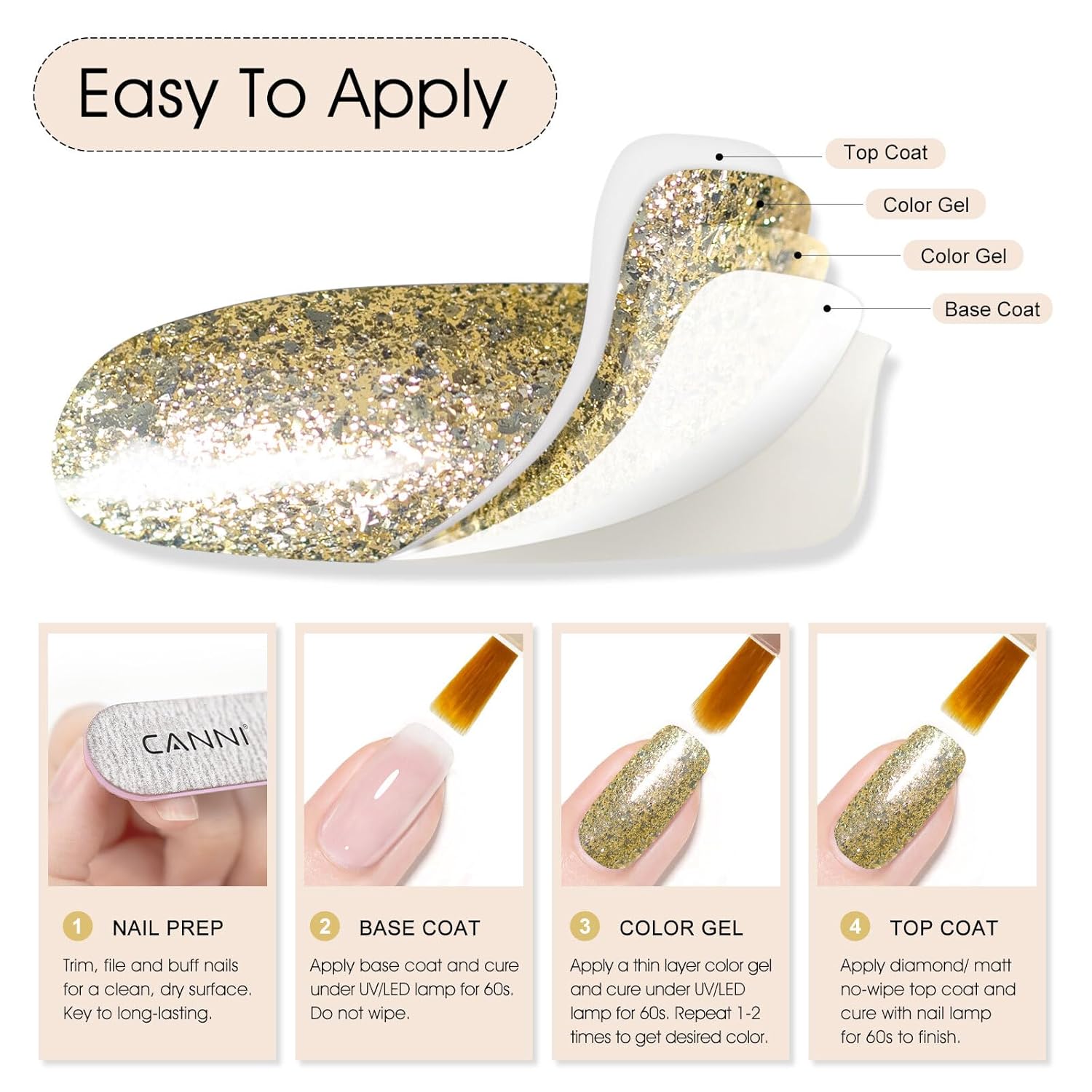 CANNI Gold Glitter Gel Polish – 9ML Chunky Sparkly Soak-Off UV/LED Nail Gel, Golden Flakes Finish for DIY Manicure, French Tips, or Salon Use-Velvo Beauty