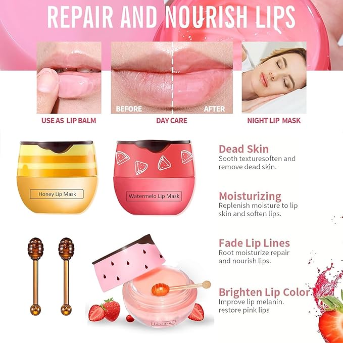 3 PCS Bee Lip Mask Honey Pot Lip Balm,Strawberry Watermelon Lip Mask Overnight Hydrating Dry and Crack Lip Scrubs Exfoliator Propolis Lip Sleeping Mask (Strawberry & Watermelon & Honey)-Velvo Beauty
