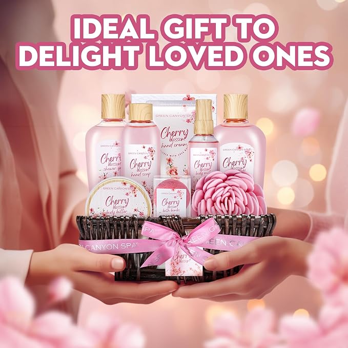 Green Canyon Spa Gift Baskets for Women Cherry Blossom Bath and Body Work Gift Set with Bubble Bath,Body Lotion Spa Gifts for Women Mothers Day Gifts for Mom-Velvo Beauty