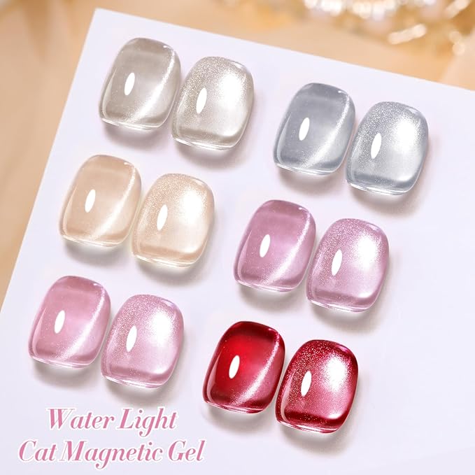 Born Pretty Magnetic Gel Nail Polish Water Light Cat Magnetic Eye Jelly Pink Glass Crystal Gel Polish Glitter Shimmer Auroras Nail Polish LED Nail Art Manicure Kit 6PCS-Velvo Beauty