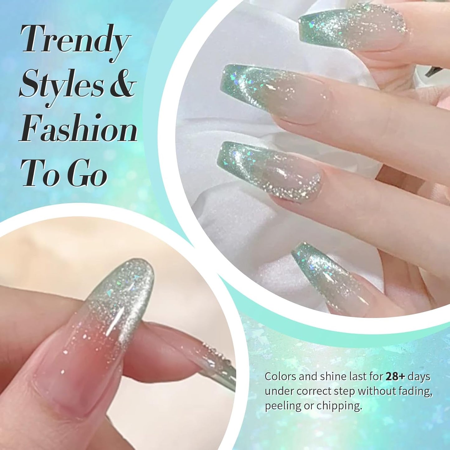 Born Pretty Green Cat Magnetic Eye Gel Nail Polish Shimmer Glitter Flakes Holographic Aurora Mint Green Magnetic Gel Polish Nail Art Manicure DIY at Home 15ML-Velvo Beauty