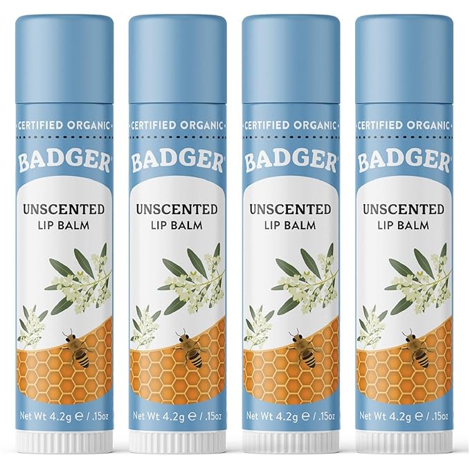 Badger - Classic Lip Balm, Unscented, Made with Organic Olive Oil, Beeswax & Rosemary, Certified Organic, Moisturizing Lip Balm, 0.15 oz (4 Pack)-Velvo Beauty
