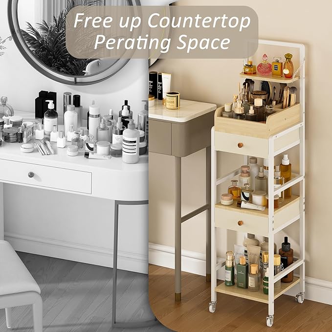 Wisdom Star Makeup Organizer Cart with 2 Drawers, Floor Skincare Organizers, Makeup Storage, Vanity Organizer, Cosmetics Display, Versatile Skin care Perfume Nail Polish Storage Rack for Bathroom-Velvo Beauty