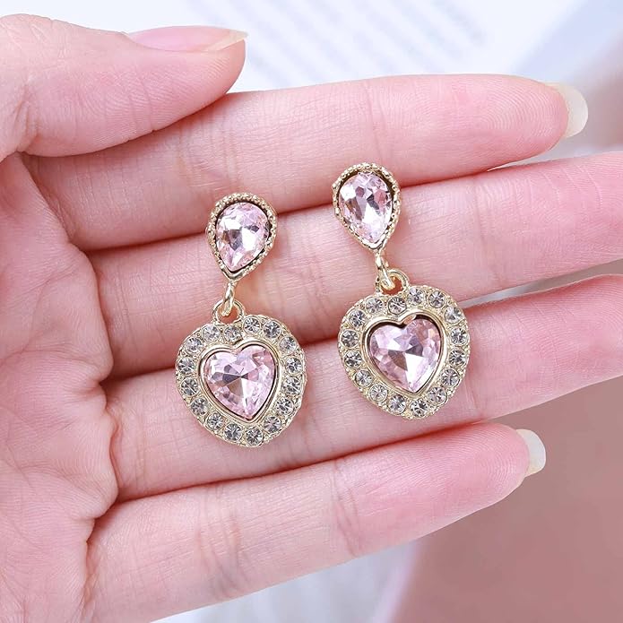 Vintage Emerald Heart Earrings Emerald Cz Teardrop Earrings Rhinestone Heart Drop Earrings Green Gemstone Stud Earrings Jewelry for Women(Green)-Velvo Beauty