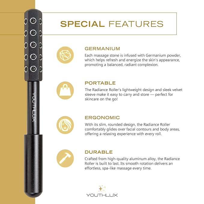 Radiance Roller – Germanium Stone Facial Massage Tool for Lifting, Sculpting, De-Puffing, Glow Boost, Energizing & Cooling Effect (Black)-Velvo Beauty
