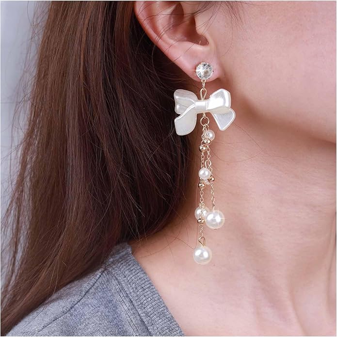 Vintage Crystal Pearl Drop Earrings Pearl Bow Dangle Earrings Long Pearl Tassel Chain Earrings Cz Bow Stud Earrings Jewelry for Women-Velvo Beauty