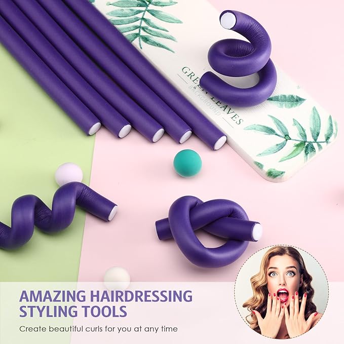 Syhood 30 Pcs 7'' Flexible Curling Rods Twist Foam Hair Rollers Soft Foam No Heat Hair Rods Rollers and 1 Steel Pintail Comb Rat Tail Comb for Women Long Short Hair(Purple,7 x 0.55 Inch)-Velvo Beauty