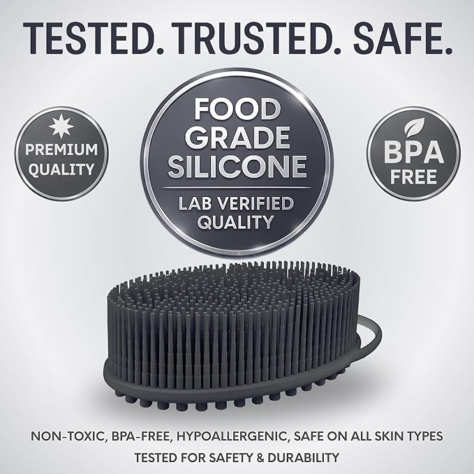 Avilana Silicone Body Scrubber – Gentle Shower Brush & Loofah Alternative- Food Grade & Lab Tested – Fast-Drying, Hygienic, BPA-Free Silicone Body Gentle Exfoliator (Dark Gray, Massage)-Velvo Beauty