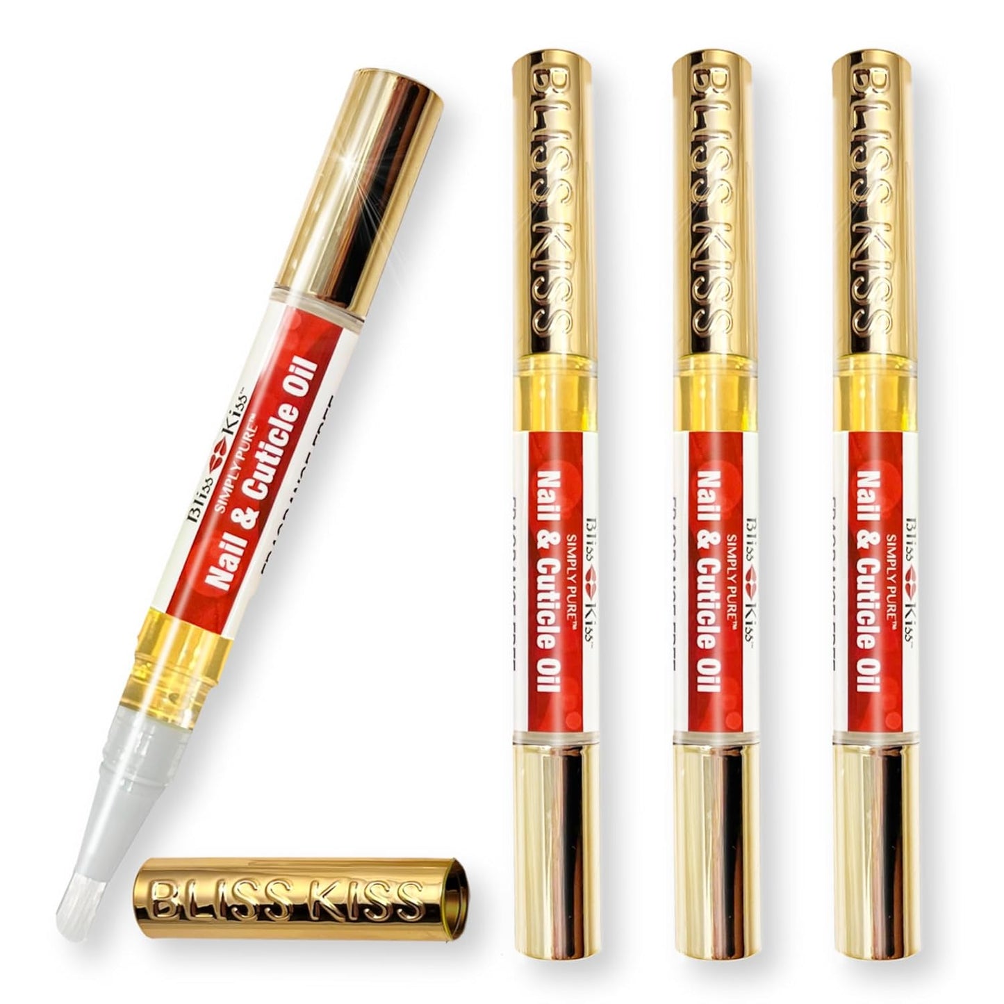 Bliss Kiss | Fragrance Free 4 Nail Oil Cuticle Pens w/Vitamin E & Jojoba⏤Nail Strengthener Nail Growth and Strengthening Serum for Brittle, Peeling, Breaking, Thin nails-Velvo Beauty