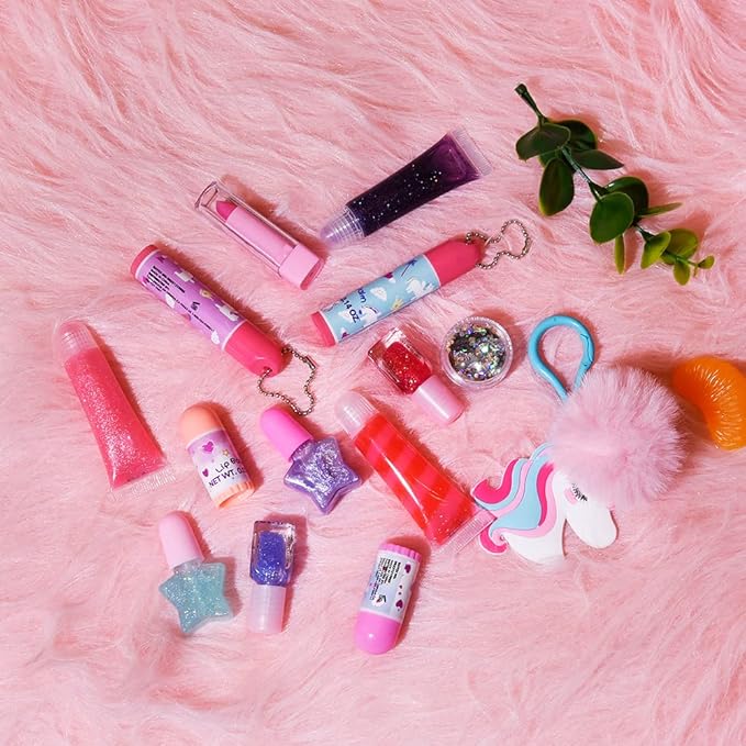 M&U 13Pcs Lip Balm and Nail Polish Gift Set for Kids Age 6-12, Abssorted Favors Moisturizing Lip Care Balm Tubes for Girls and Women, Washable Real Makeup Safe & Non-Toxic-Velvo Beauty