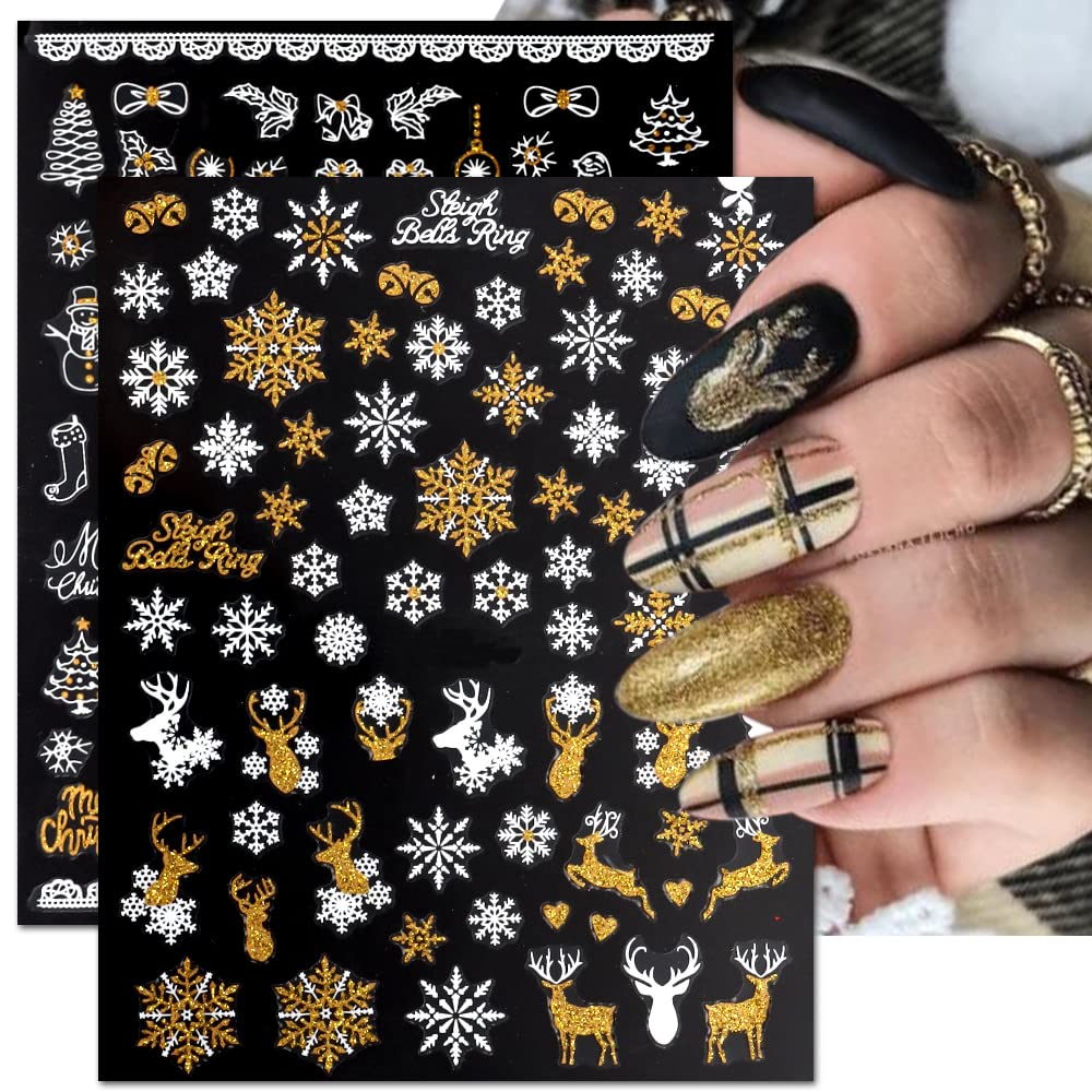 JMEOWIO 9 Sheets Christmas Nail Art Stickers Decals Self-Adhesive Pegatinas Uñas Bling Snowflake Snowman Holiday White Gold Nail Supplies Nail Art Design Decoration Accessories-Velvo Beauty