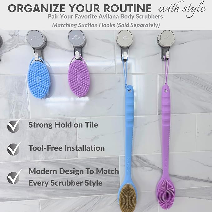 Avilana Silicone Body Scrubber – Gentle Shower Brush & Loofah Alternative- Food Grade & Lab Tested – Fast-Drying, Hygienic, BPA-Free Silicone Body Gentle Exfoliator (Lavender, Long Handle)-Velvo Beauty
