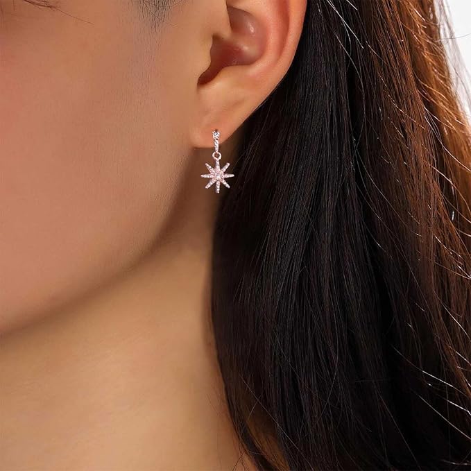 Boho Crystal Sunburst Earrings Rose Gold Star Drop Stud Earrings Cz Paved Starbust Earrings Celestial Earrings Jewelry for Women and Girls-Velvo Beauty
