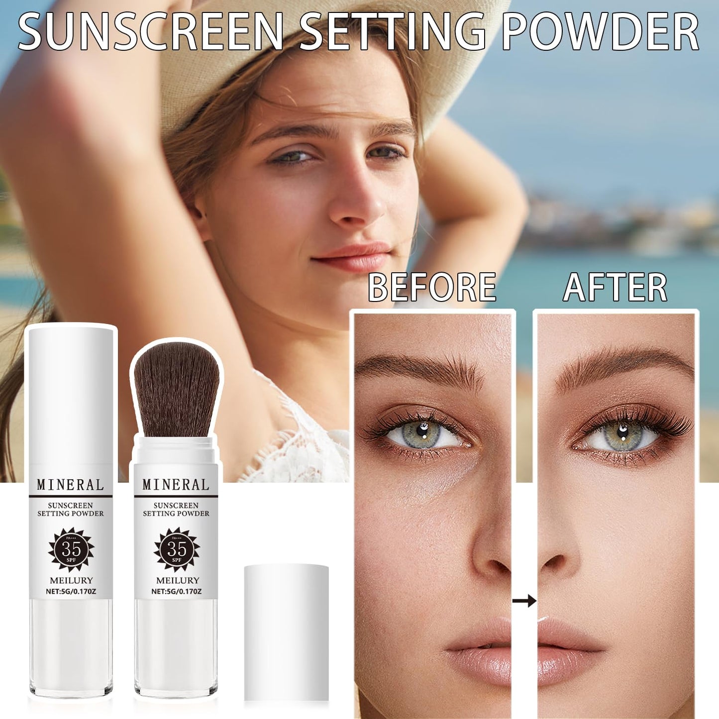 Sunscreen Setting Powder SPF 35, Mineral Brush Powder for Face & Scalp, Oil Control Natural Matte Finish Loose Powder Translucent Lasting Lightweight Breathable for All Skin (03# White)-Velvo Beauty