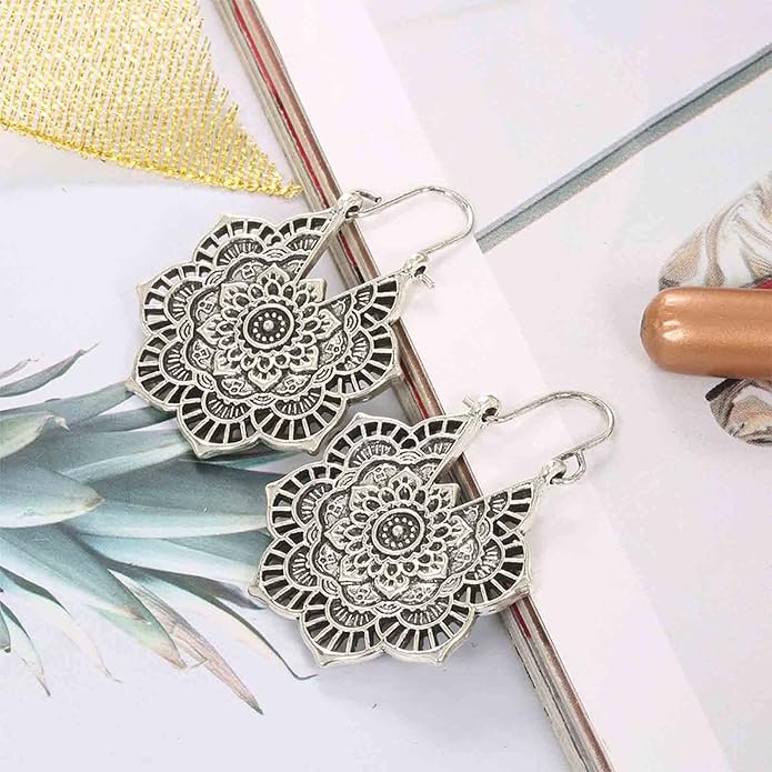 Boho Mandala Flower Earrings Gold Drop Dangle Earrings Tribal Earrings Vintage Ethnic Hoop Earrings Jewelry for Women and Girls-Velvo Beauty