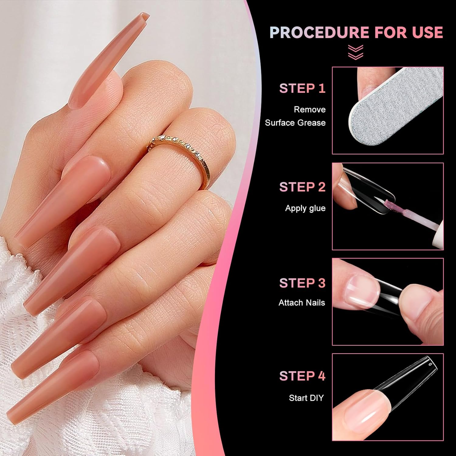 Ranrose Long Coffin Nails Tips: 240pcs XXL Acrylic Nails Clear C Curve Coffin False Nail, Full Cover Fake Nails for Nail Extension, 12 Sizes-Velvo Beauty