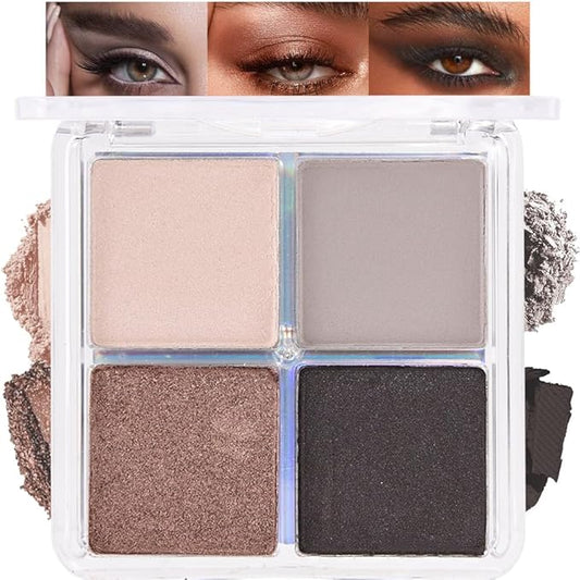 4 Colors Light Beige Gray Brown Black Eye Shadow Powder Palette Makeup, Neutral Matte Shimmer Cream Quads Eyeshadow Palette for Women Highly Pigmented Waterproof, paleta de sombras de ojos, Vegan, 07-Velvo Beauty