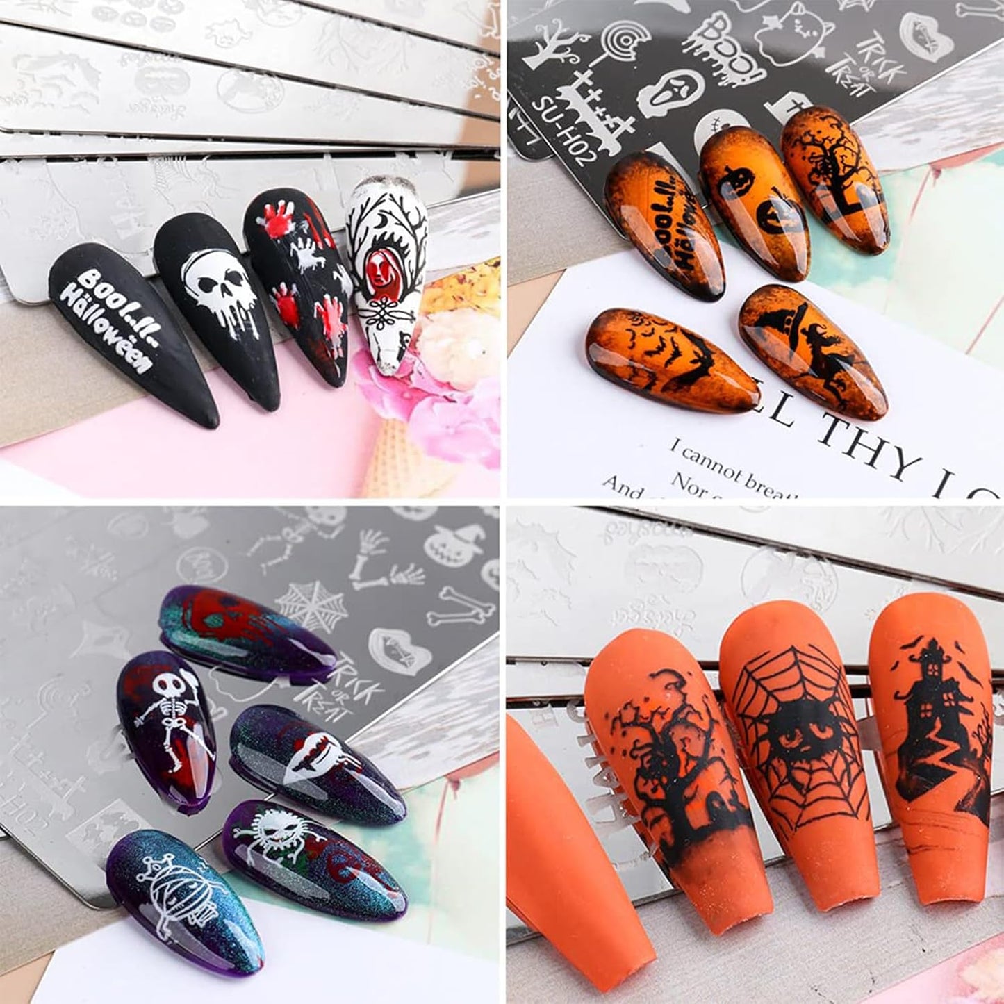 Halloween Nail Stamper Kit 6 Pcs Nail Plates +1 Nail Stamper + 1 Nail Scraper Horror Skull Spider Ghost Bat Nail Art Design Template Nail Stencils Plates Nail Supplies Tools Nail 8pcs Set-Velvo Beauty