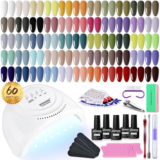JODSONE 60 PCS Gel Nail Polish Kit with U V Light 55 Colors No Wipe Beautiful Colors Nail Gel Polish Base Top Coat Manicure Gifts for Salon and at Home-Velvo Beauty
