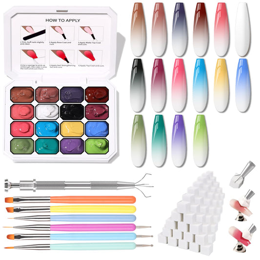 Sponge Pat Paint Nail Gel, Ombre Nails Gradient Gel Nail Blush Blooming Aura Nails Drawing Stripper Floral Painting DIY Nail Art, No Wipe, UV/LED Curing (16 Colors i)-Velvo Beauty