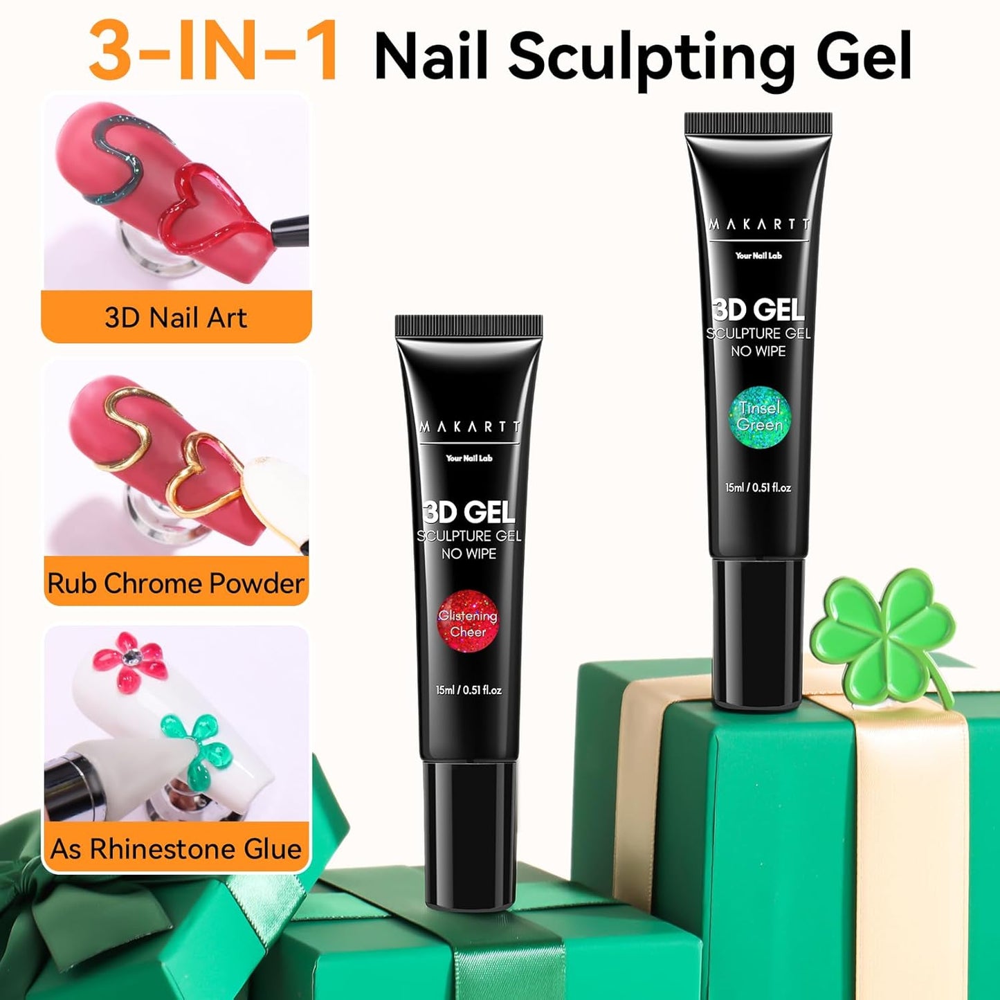 Makartt 3D Sculpting Gel for Nail Art Kit: 3D Nail Gel for Nail Art, 15ml No Wipe Polish for Molding Drawing, Embossed Gels for Nail DIY Manicure - Glistening Cheer & Tinsel Green (2PCS)-Velvo Beauty