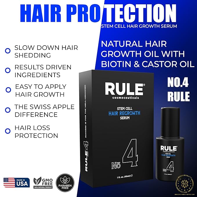 RULE No.4 Stem Cell Hair Growth Serum, Natural Oil with Biotin, Castor Oil & DHT Blocker Saw Palmetto for Thicker Fuller Longer Hair Regrowth, Scalp Serum Hair Loss Treatments for Men & Women-Velvo Beauty