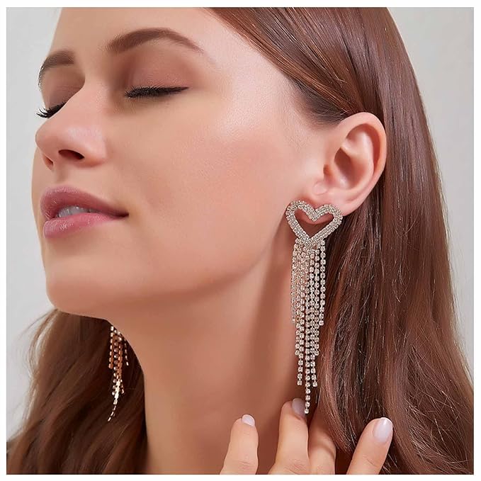 Boho Rhinestone Heart Tassel Earrings Long Tassel Chain Dangle Earrings Silver Crystal Cz Love Heart Studs Earrings Long Chandelier Dangle Earrings Wedding Cz Fringe Chain Earrings Jewelry for Women and Girls-Velvo Beauty