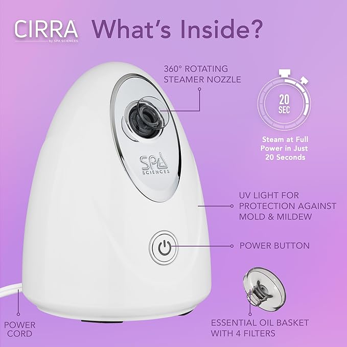 Spa Sciences - CIRRA - Nano Ionic Facial Steamer with UVC Sanitizing Protection, Aromatherapy Function, Detox Pores, and Boost Circulation - Includes an Essential Oil Basket-Velvo Beauty
