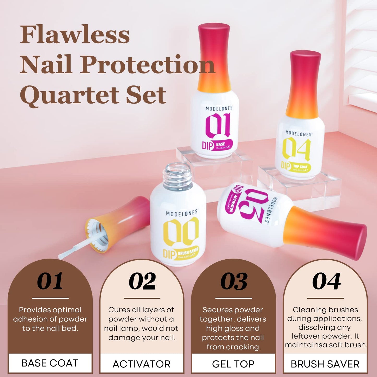 modelones Dip Powder Liquid Set 4+4 Pcs, Dip Powder System Set with Base Coat/Top Coat/Activator/Brush Saver/Manicure Tools for Nail Kit Art DIY Salon - 15ml/0.5oz-Velvo Beauty