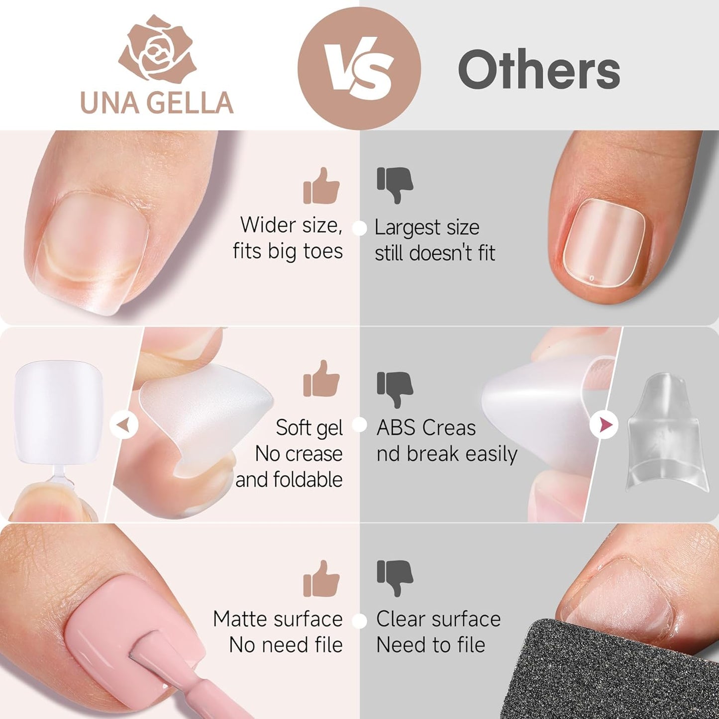 UNA GELLA Toe Nail Tips Full Cover, 216 Pcs Square Round Toe Nail Press Ons Clear Pre-Shape Gel Toe Nail Tips Double Matte Acrylic Fake Toenails Extensions DIY Home Nail Salon for Women, 15 Sizes-Velvo Beauty