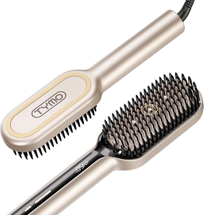 TYMO Hair Straightener Brush - Upgraded Ionic Plus Straightening Brush with Dense Bristles, 16 Temps, Dual Voltage | Ceramic Hot Comb for Women | Flat Iron for Thick Curly Hair, Gold-Velvo Beauty